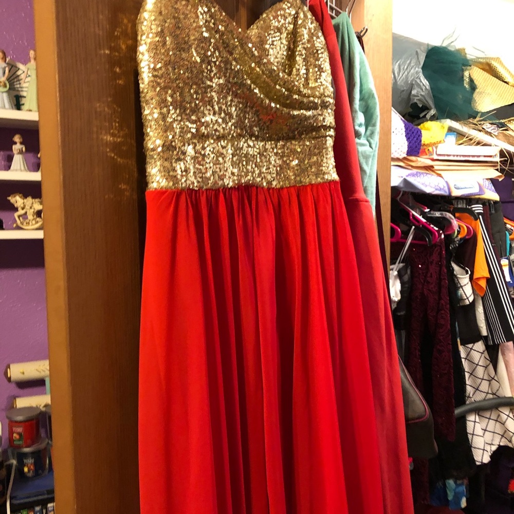 Red and gold High/ low homecoming dress